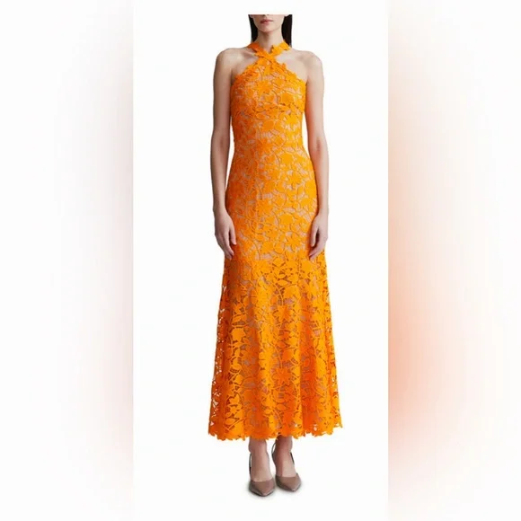 Lela Rose Floral Guipure Lace Halter Maxi Dress - Orange Lela Rose Floral Guipure Lace Halter Maxi Dress - Orange